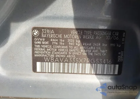 2007 BMW 328I from USA, damaged, VIN WBAVA335X7PG53416